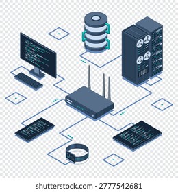 Isometric network router. Isometric network concept with router, computer, smartphone, and server connection. Isometric technology