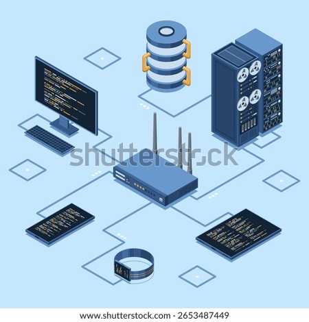 Isometric network router. Isometric network concept with router, computer, smartphone, and server connection. Isometric technology