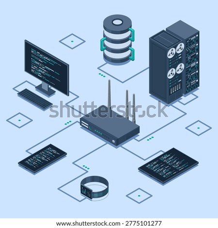 Isometric network router. Isometric network concept with router, computer, smartphone, and server connection. Isometric technology