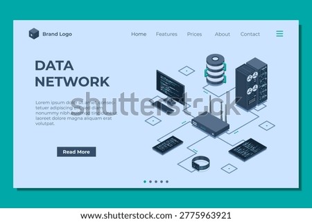 Isometric network router landing page. Isometric network concept with router, computer, smartphone, and server connection. Isometric technology
