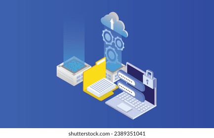 Isometric Network security data is stored on cloud servers.on blue background.3D design.isometric vector design Illustration.