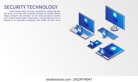 Isometric network security information transfer background. Data security modern concept. A transparent shield of the computer, phone, and laptop from virus attacks and hackers. vector illustration.