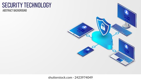 Fondo de transferencia de información de seguridad de red isométrica. Concepto moderno de seguridad de datos. Un escudo transparente de la computadora, el teléfono y la laptop contra los ataques de virus y los hackers. ilustración vectorial.