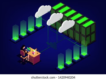 isometric network server room with cloud storage and row of computer equipment data center