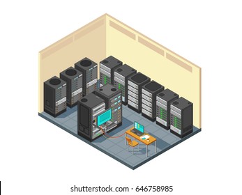 Isometric network server room with row of computer equipments