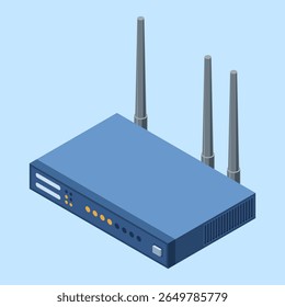 Roteador wifi de rede isométrica com antenas. Tecnologia de comunicação de rede sem fio. Roteador de Internet sem fio. Tecnologia de rede. Ilustração vetorial