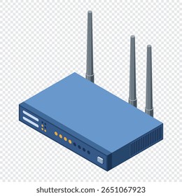 Roteador wifi de rede isométrica com antenas. Tecnologia de comunicação de rede sem fio. Roteador de Internet sem fio. Tecnologia de rede. Ilustração vetorial