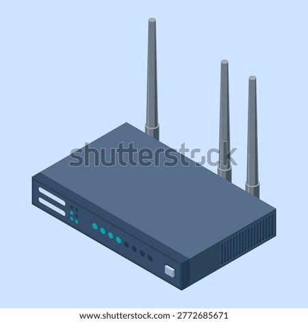Isometric network wifi router with antennas. Wireless network communication technology. Wireless internet router. Network technology. Vector illustration