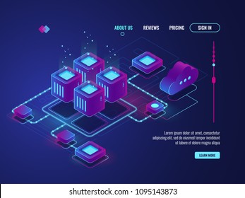 Isometric Networking Conncetion, Internet Network Topology Concept, Server Room, Data Center And Database Icon, Cloud Storage Vector Dark Ultra Violet Neon