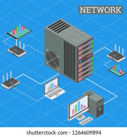 Isometric networking connection, internet network topology concept, server room