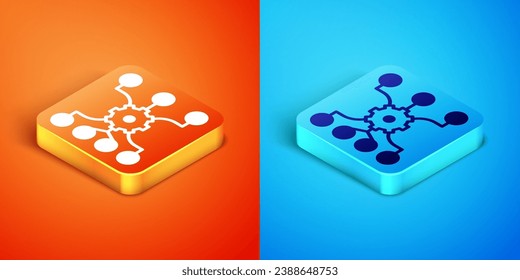 Isometric Neural network icon isolated on orange and blue background. Artificial intelligence AI.  Vector