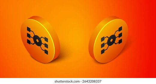 Isometric Neural network icon isolated on orange background. Artificial intelligence AI. Orange circle button. Vector