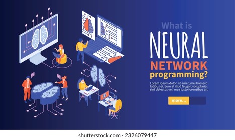 Isometric neural network programmer horizontal banner with people connected to brains and computers with editable text vector illustration