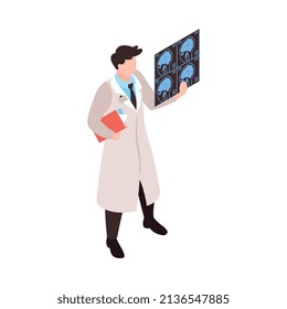 Isometric neurological neurology composition with isolated character of neurologist holding brain radiogram on blank background vector illustration