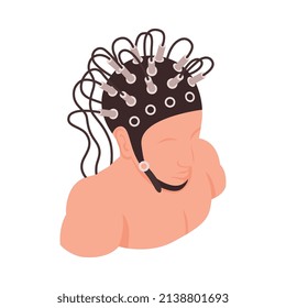 Isometric neurological neurology composition with isolated image of human body wearing wired scanners on head vector illustration