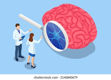 Isometric neurology, cognition, neuronal network, psychology, neuroscience scientific. Neurons in the brain. Medical Research Microscope. Synapse and Neuron cells sending electrical chemical signals.