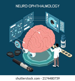 Isometric neuroscience neuro ophthalmology composition with scientist and laboratory equipment 3d vector illustration