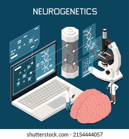 Isometric Neuroscience Neurogenetics Composition With Brain Dna Computer Microscope Characters Of Scientists 3d Isometric Vector Illustration