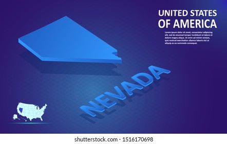 Isometric NEVADA State map on blue and glowing background. 3D Detailed Map in perspective with place for your text or description.Technology Information Graphic Elements for Website, app, UI, Travel