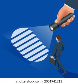 Isometric new business direction concept. Business idea lightbulb or simplify problem.