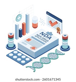 Isometric New Drug Application process with NDA document and Pills. New Drug Application NDA Concept