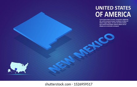 Isometric NEW MEXICO State map on blue and glowing background. 3D Detailed Map in perspective with place for your text or description.Technology Information Graphic Element for Website, app, UI,Travel