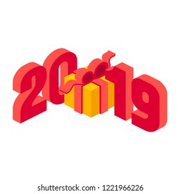 Isometric new year 2019 with isometric gift box