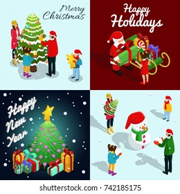 Isometric New Year concept with Santa Claus Christmas tree presents gifts family snowman vector illustration