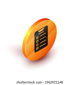 Isometric New year goals list and plans icon isolated on white background. Merry Christmas and Happy New Year. Orange circle button. Vector