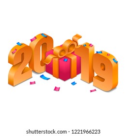 Isometric new year golden 2019 with gift box and confetti