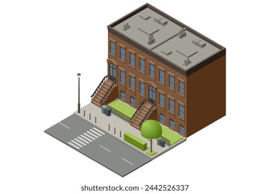 Isometric New York Old Manhattan Houses. Brooklyn Apartment. Old Abstract Building and Facade. Facades of Retro Houses, New York Streets or Old Brooklyn.