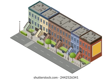 Isometric New York Old Manhattan Houses. Brooklyn Apartment. Old Abstract Building and Facade. Facades of Retro Houses, New York Streets or Old Brooklyn.