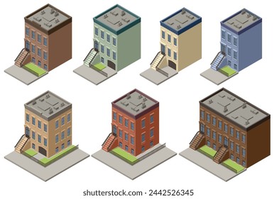 Isometric New York Old Manhattan Houses. Brooklyn Apartment. Old Abstract Building and Facade. Facades of Retro Houses, New York Streets or Old Brooklyn.