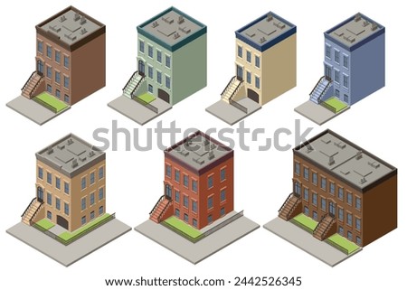 Isometric New York Old Manhattan Houses. Brooklyn Apartment. Old Abstract Building and Facade. Facades of Retro Houses, New York Streets or Old Brooklyn.