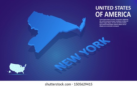 Isometric NEW YORK State map on blue and glowing background. 3D Detailed Map in perspective with place for your text or description.Technology Information Graphic Elements for Website, app, UI, Travel