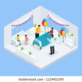 Isometric newborn concept with father kids and doctor congratulate mother with child birth in clinic isolated vector illustration