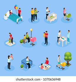 Isometric newborn elements set with father mother takes care of baby playing walking with kid visiting pediatrician isolated vector illustration