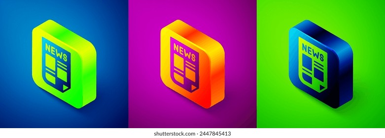 Isometric News icon isolated on blue, purple and green background. Newspaper sign. Mass media symbol. Square button. Vector