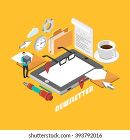 Isometric newsletter concept. Flat poster with business infographic. Vector illustration