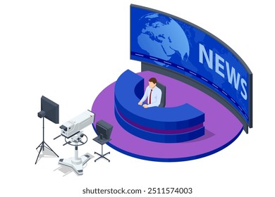 Isometric Newsroom Studio Conceito. Jornalista de TV e âncora de mídia apresentando notícias de última hora em um estúdio. Programa de TV ao vivo. Estúdio de Jornalistas de Transmissão.