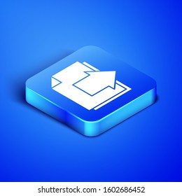 Isometric Next page arrow icon isolated on blue background. Document file with arrow. Send document. Blue square button. Vector Illustration