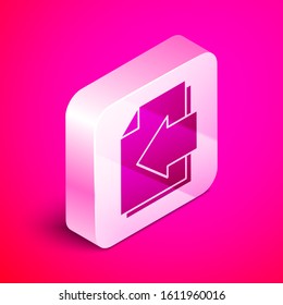 Isometric Next page arrow icon isolated on pink background. Document file with arrow. Send document. Silver square button. Vector Illustration