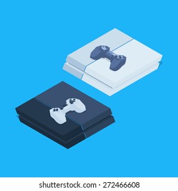 Isometric nextgen gaming consoles with gamepads. Illustration suitable for advertising and promotion