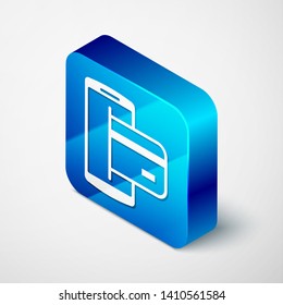 Isometric NFC Payment icon isolated on white background. Mobile payment. NFC smartphone concept. Transfer icon. Blue square button. Vector Illustration