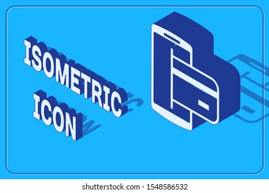 Isometric NFC Payment icon isolated on blue background. Mobile payment. NFC smartphone concept. Transfer icon.  Vector Illustration