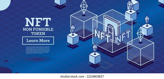 Isometric NFT. Artwork Inside of Transparent Cube. Blockchain Technology. Vector Illustration. Blocks with Information.