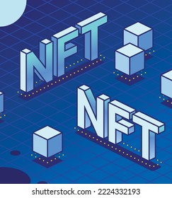 Isometric NFT. Blockchain Technology. Vector Illustration. Two Words with Cubes.