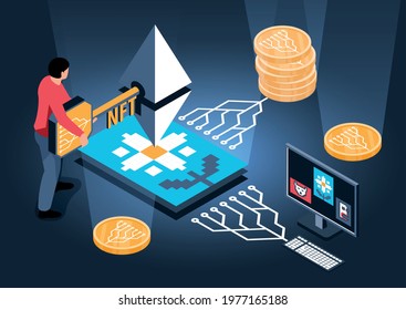 Isometric nft composition with human character holding unique key with high value painting and crypto coins vector illustration