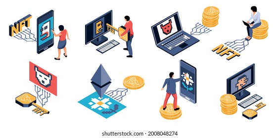 Isometric nft compositions set with human characters selling and buying cultural values with crypto money coins vector illustration