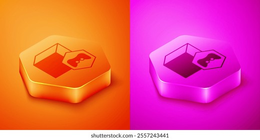 Isometric NFT Digital crypto art icon isolated on orange and pink background. Non fungible token. Hexagon button. Vector